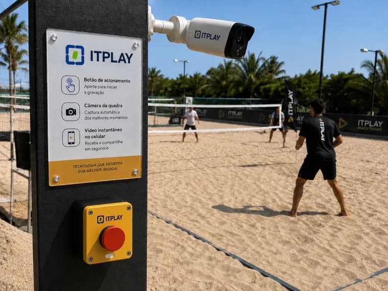Totem ITPLAY instalado na beira da quadra de beach tennis, com câmera, placa explicativa e o botão de acionamento, enquanto atletas jogam ao fundo